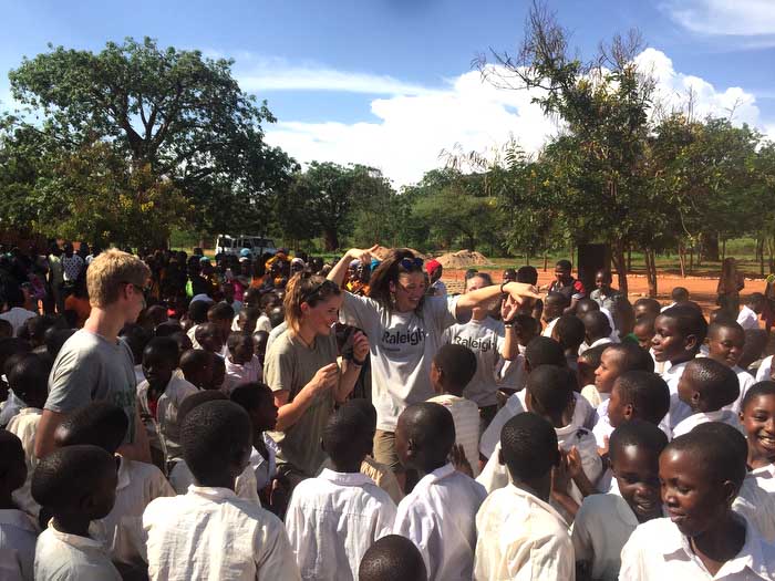 Max, Ciara and Eleanore with the children of Chimlata primary school