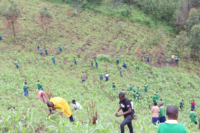 Raleigh 17D expedition and children from the local primary school planting trees in Isipi