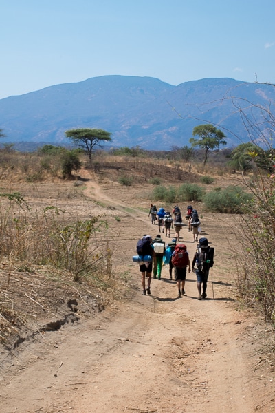 Trekking through African countryside