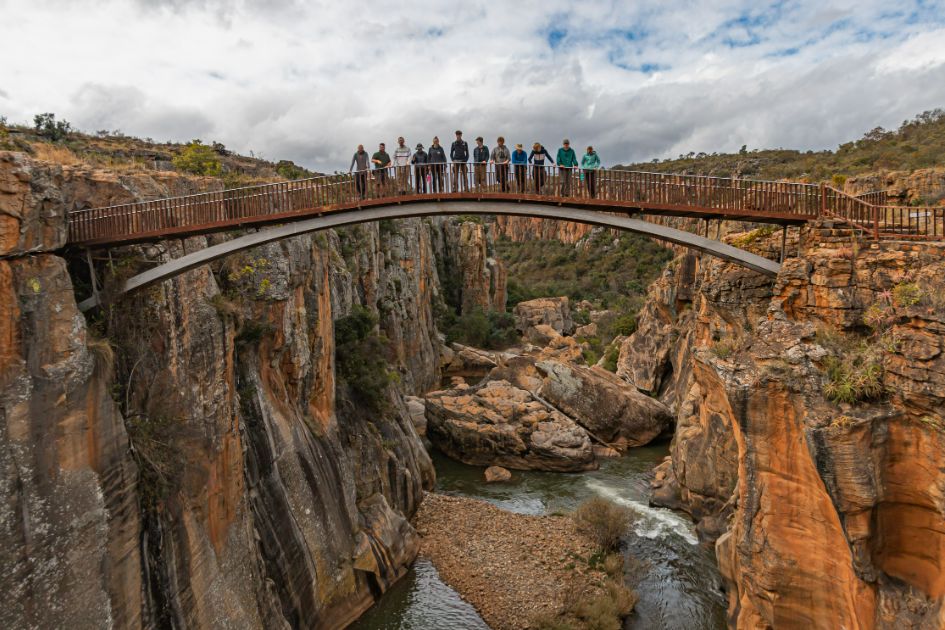 group on trek stood on bridge